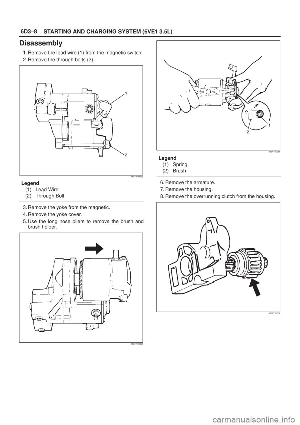 ISUZU AXIOM 2002  Service Repair Manual 6D3±8
STARTING AND CHARGING SYSTEM (6VE1 3.5L)
Disassembly
1. Remove the lead wire (1) from the magnetic switch.
2. Remove the through bolts (2).
065RY00053
Legend
(1) Lead Wire
(2) Through Bolt
3. R