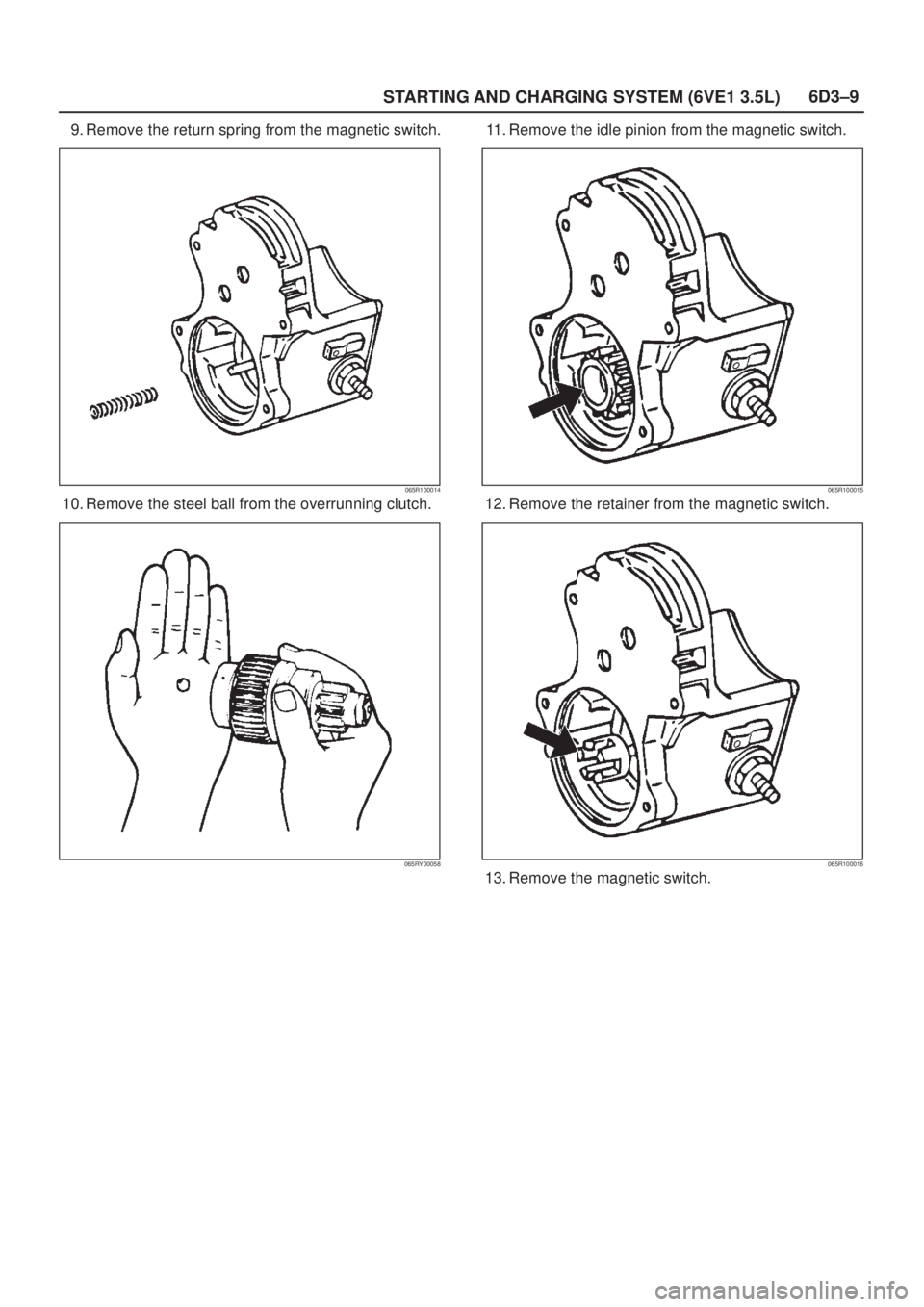 ISUZU AXIOM 2002  Service Repair Manual 6D3±9
STARTING AND CHARGING SYSTEM (6VE1 3.5L)
9. Remove the return spring from the magnetic switch.
065R100014
10. Remove the steel ball from the overrunning clutch.
065RY00058
11. Remove the idle p
