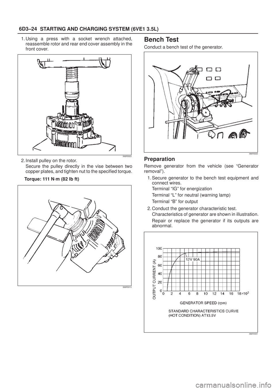 ISUZU AXIOM 2002  Service Repair Manual 6D3±24
STARTING AND CHARGING SYSTEM (6VE1 3.5L)
1. Using a press with a socket wrench attached,
reassemble rotor and rear end cover assembly in the
front cover.
066RS022
2. Install pulley on the roto