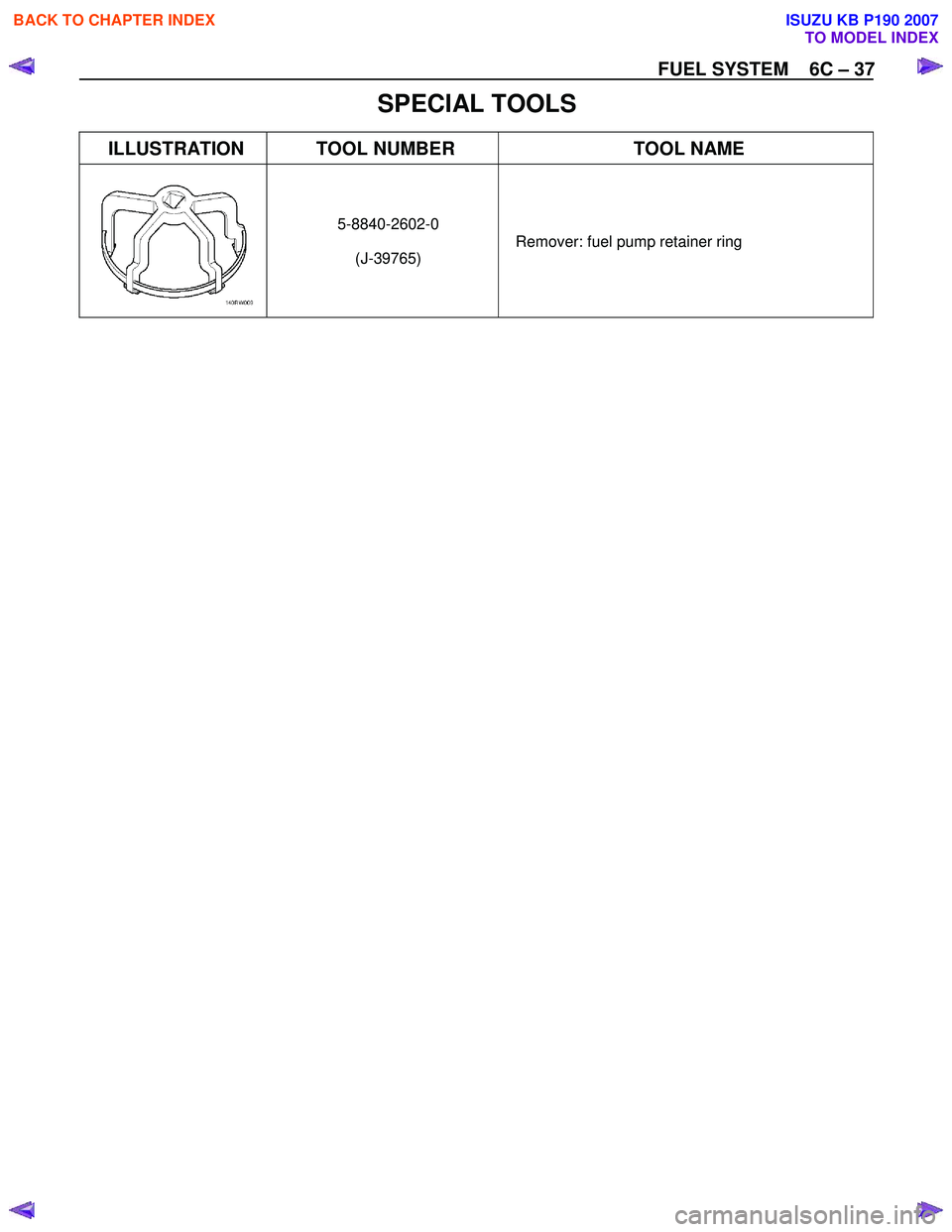 ISUZU KB P190 2007  Workshop Repair Manual FUEL SYSTEM    6C – 37 
SPECIAL TOOLS 
ILLUSTRATION  TOOL NUMBER TOOL NAME 
 5-8840-2602-0 
(J-39765)  Remover: fuel pump retainer ring 
 
 
BACK TO CHAPTER INDEX
TO MODEL INDEX
ISUZU KB P190 2007 
