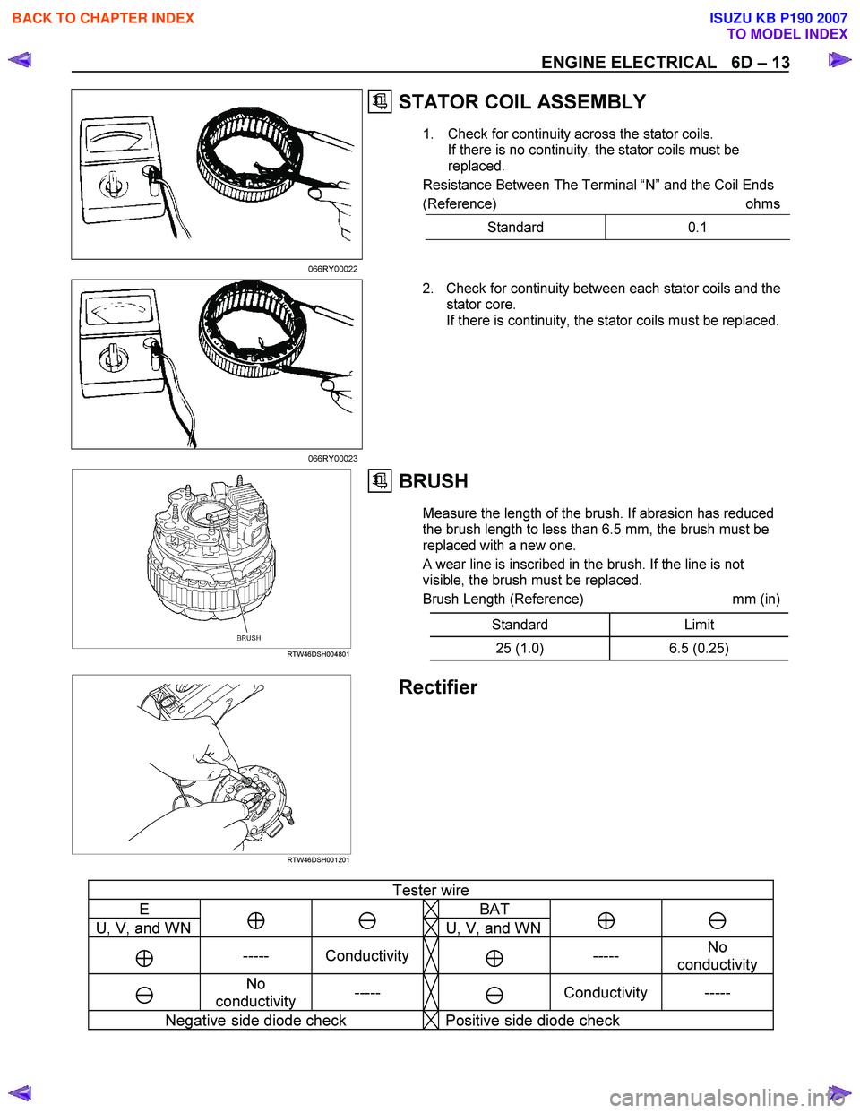 ISUZU KB P190 2007  Workshop Repair Manual ENGINE ELECTRICAL   6D – 13 
STATOR COIL ASSEMBLY 
1.  Check for continuity across the stator coils. 
If there is no continuity, the stator coils must be  
replaced. 
Resistance Between The Terminal