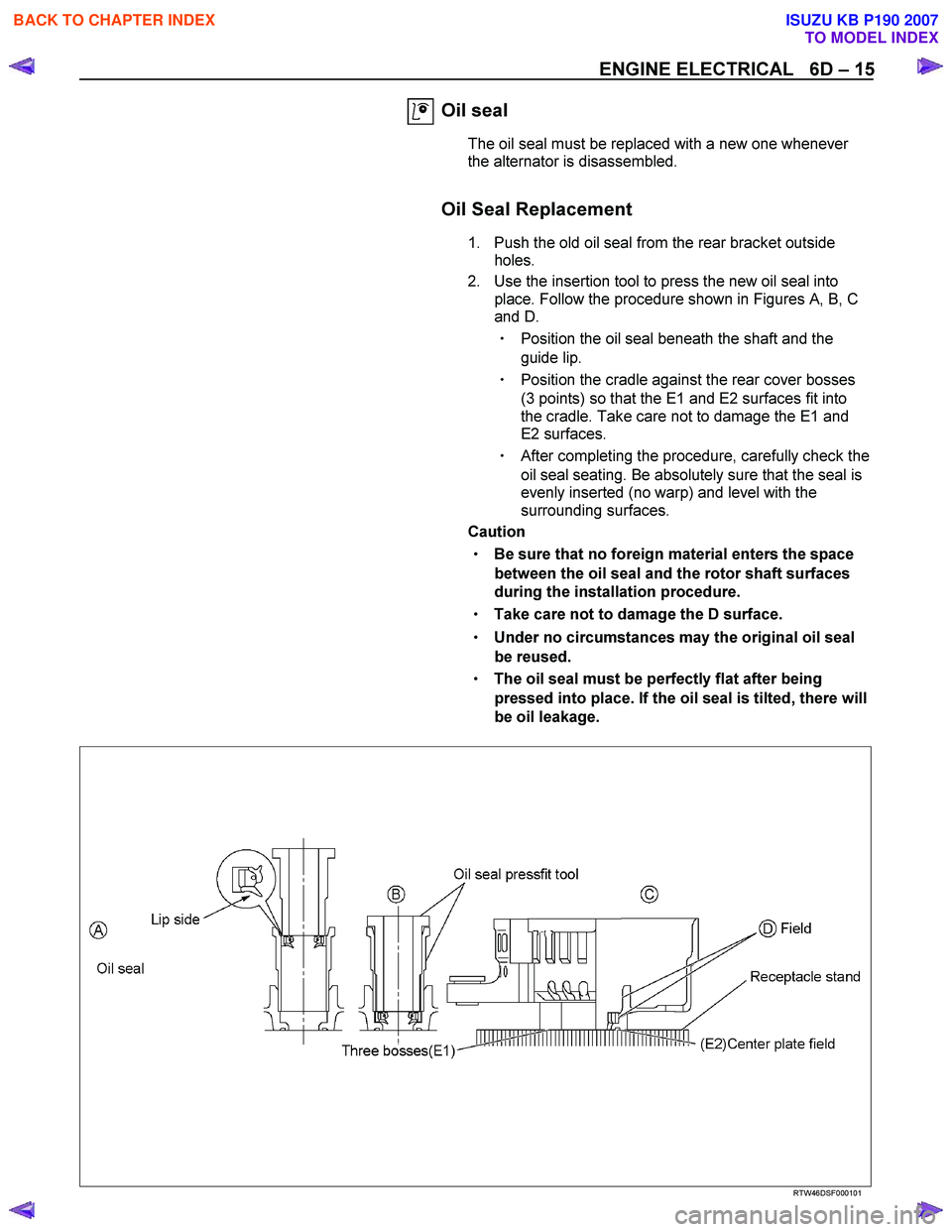 ISUZU KB P190 2007 Workshop Repair Manual ENGINE ELECTRICAL 6D – 15
Oil seal
The oil seal must be replaced with a new one whenever
the alternator is disassembled.
Oil Seal Replacement
1. Push the old oil seal from the rear ISUZU KB P190 2007 Workshop Repair Manual ENGINE ELECTRICAL 6D – 15
Oil seal
The oil seal must be replaced with a new one whenever
the alternator is disassembled.
Oil Seal Replacement
1. Push the old oil seal from the rear