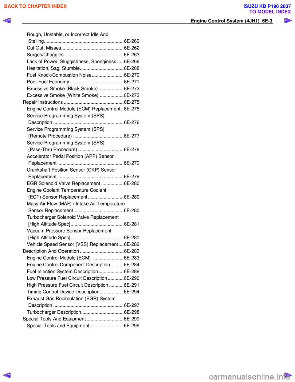 ISUZU KB P190 2007  Workshop Repair Manual Engine Control System (4JH1)  6E-3 
Rough, Unstable, or  In co rr ect Idle And 
 Stallin g........................................................... .6E -260
Cut  Out, Mi sses........................
