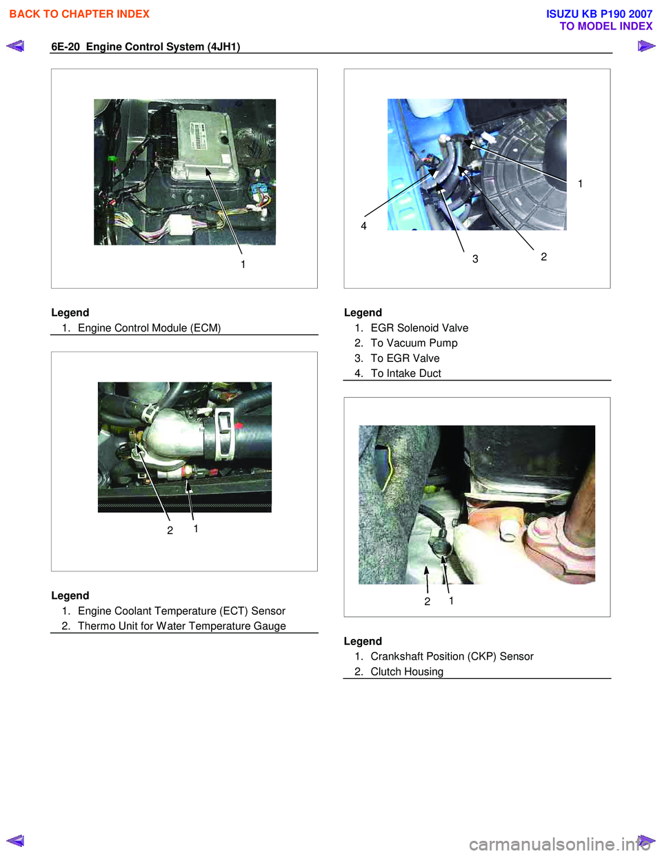 ISUZU KB P190 2007  Workshop Repair Manual 6E-20  Engine Control System (4JH1) 
    
  
  
 
 
1 
  
Legend 
  1.  Engine Control Module (ECM)  
 
   
  
  
 
 
 
2  1
  
Legend  
  1.  Engine Coolant Temperature (ECT) Sensor 
  2.  Thermo Uni