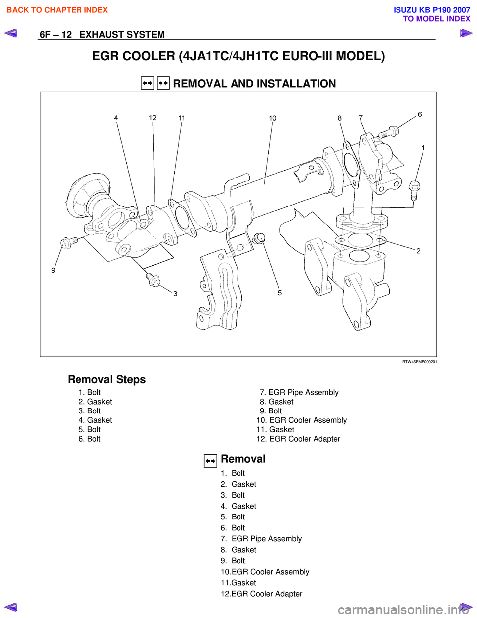 ISUZU KB P190 2007  Workshop Repair Manual 6F – 12   EXHAUST SYSTEM 
EGR COOLER (4JA1TC/4JH1TC EURO-III MODEL) 
  REMOVAL AND INSTALLATION 
   
 
 
 
RTW 46EMF000201 
 
Removal Steps 
 1. Bolt 
 2. Gasket  
  3. Bolt 
  4. Gasket 
 5. Bolt 
