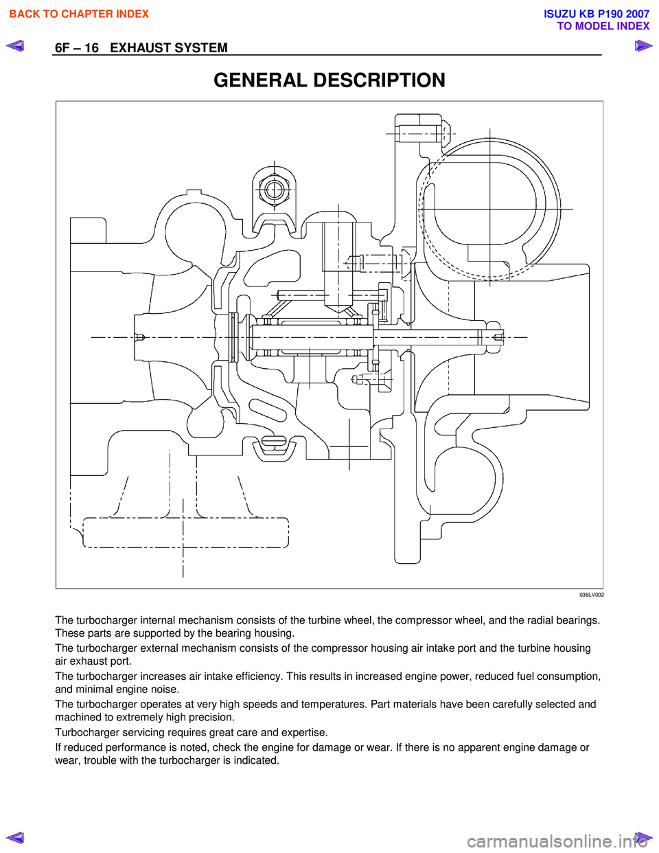 ISUZU KB P190 2007  Workshop Repair Manual 6F – 16   EXHAUST SYSTEM 
GENERAL DESCRIPTION 
  
  
036LV002 
  
The turbocharger internal mechanism consists of the turbine wheel, the compressor wheel, and the radial bearings.  
These parts are 
