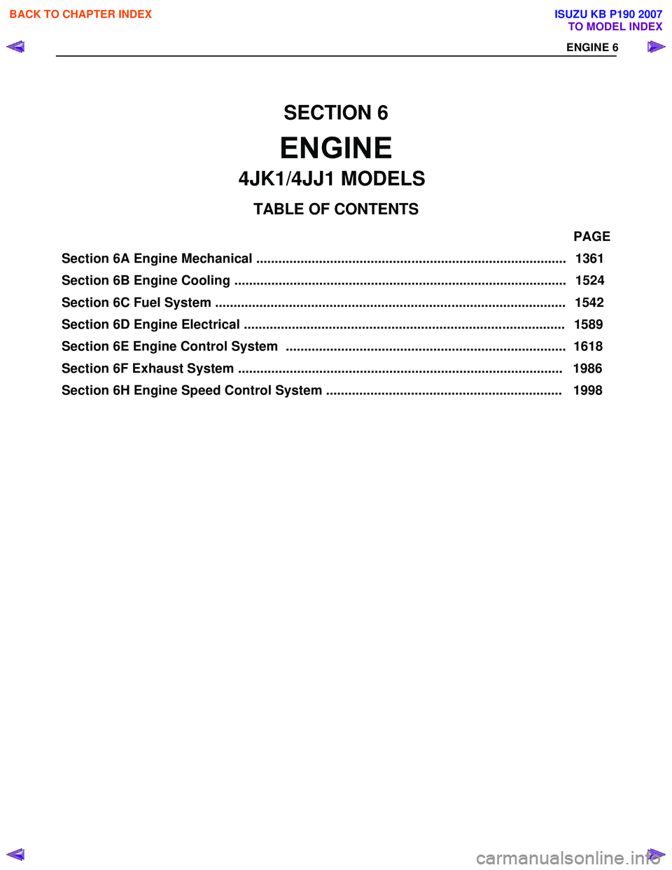 ISUZU KB P190 2007  Workshop Repair Manual                                                                      PAGE 
Section 6A Engine Mechanical ....................................................................................  1361 
Sect