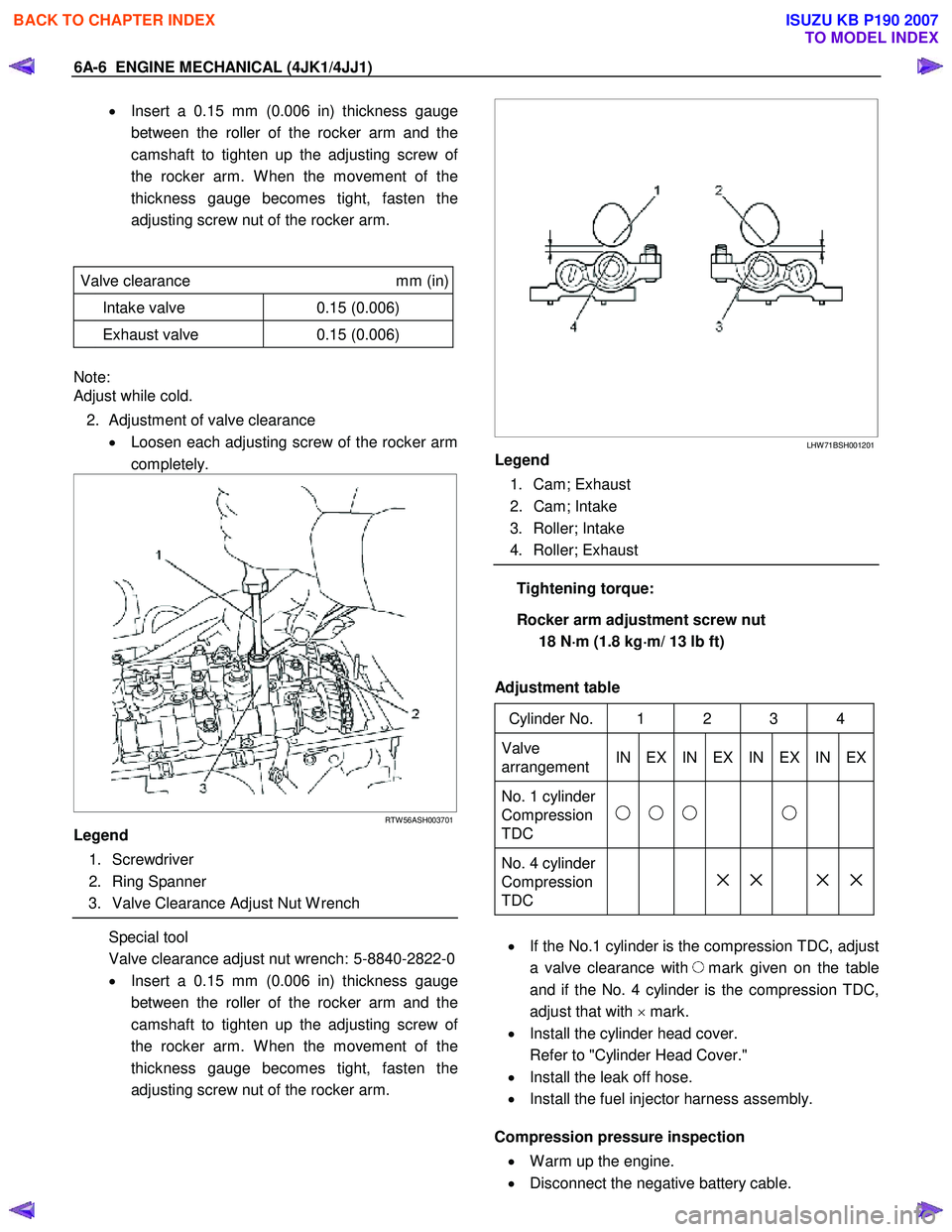 ISUZU KB P190 2007  Workshop Repair Manual 6A-6  ENGINE MECHANICAL (4JK1/4JJ1) 
•  Insert a 0.15 mm (0.006 in) thickness gauge
between the roller of the rocker arm and the 
camshaft to tighten up the adjusting screw o
f 
the rocker arm. W he