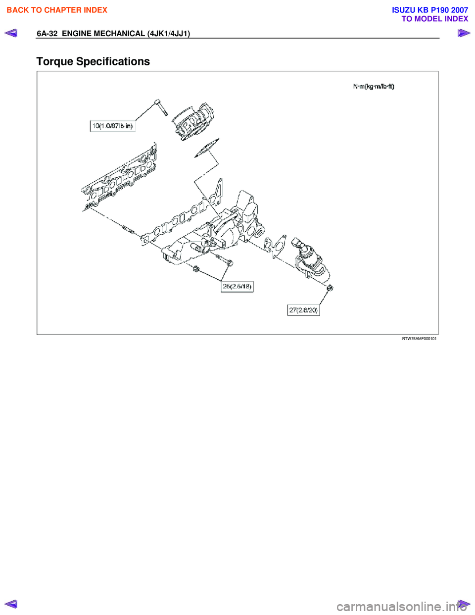ISUZU KB P190 2007  Workshop Repair Manual 6A-32  ENGINE MECHANICAL (4JK1/4JJ1) 
Torque Specifications 
   
 
 
 
RTW 76AMF000101 
 
 
BACK TO CHAPTER INDEX
TO MODEL INDEX
ISUZU KB P190 2007 