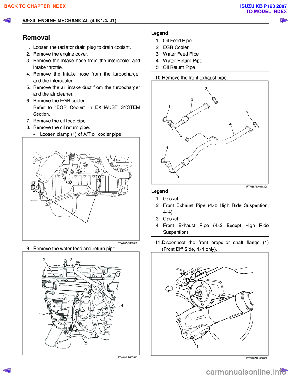 ISUZU KB P190 2007 Workshop Repair Manual 6A-34 ENGINE MECHANICAL (4JK1/4JJ1)
Removal
1. Loosen the radiator drain plug to drain coolant.
2. Remove the engine cover.
3. Remove the intake hose from the intercooler and intake throttle. ISUZU KB P190 2007 Workshop Repair Manual 6A-34 ENGINE MECHANICAL (4JK1/4JJ1)
Removal
1. Loosen the radiator drain plug to drain coolant.
2. Remove the engine cover.
3. Remove the intake hose from the intercooler and intake throttle.
