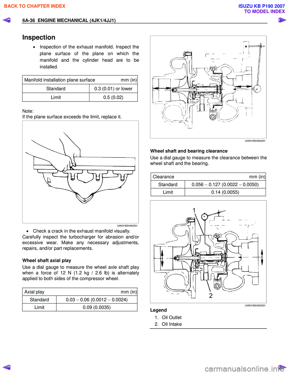 ISUZU KB P190 2007 Workshop Repair Manual 6A-36 ENGINE MECHANICAL (4JK1/4JJ1)
Inspection
• Inspection of the exhaust manifold. Inspect the
plane surface of the plane on which the
manifold and the cylinder head are to be
installed.
ISUZU KB P190 2007 Workshop Repair Manual 6A-36 ENGINE MECHANICAL (4JK1/4JJ1)
Inspection
• Inspection of the exhaust manifold. Inspect the
plane surface of the plane on which the
manifold and the cylinder head are to be
installed.