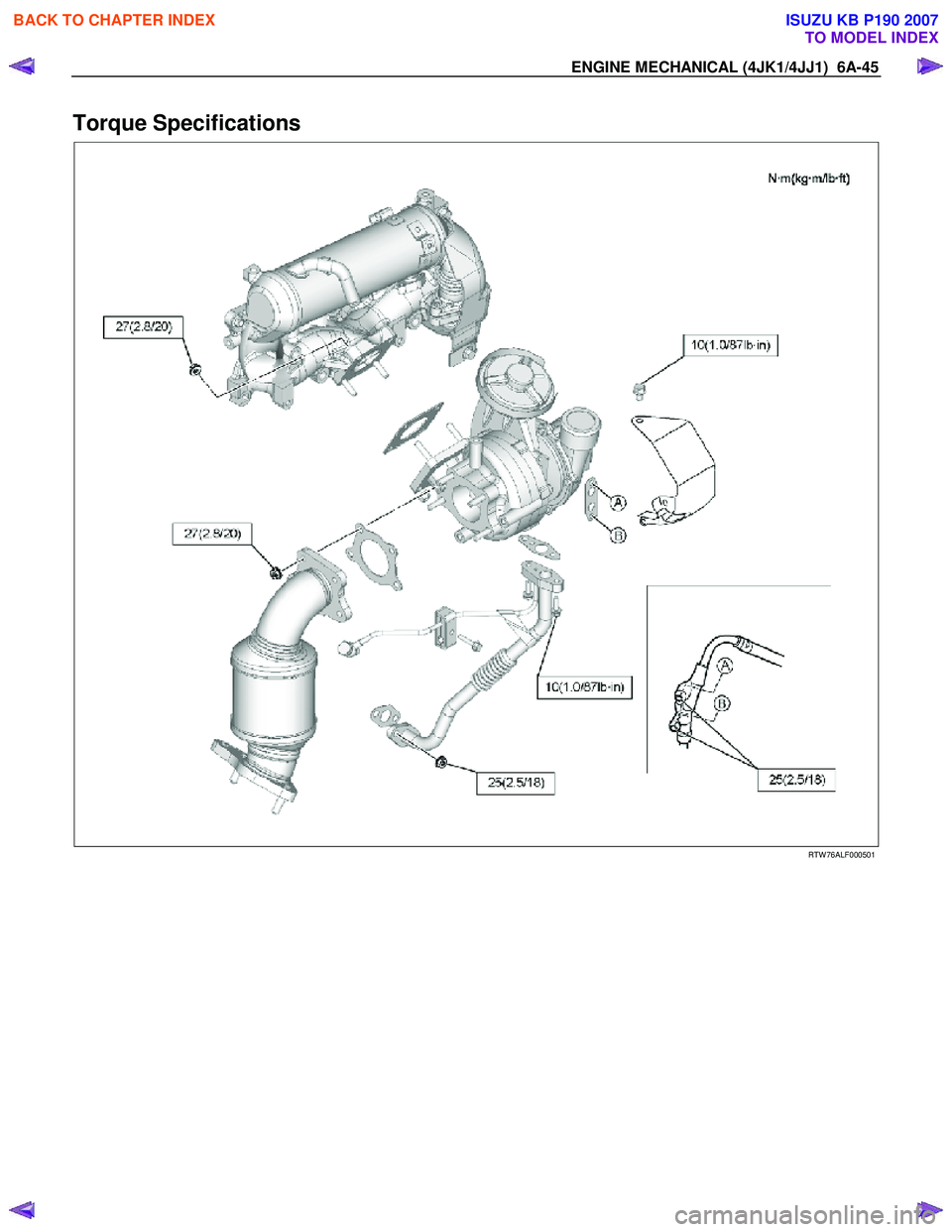ISUZU KB P190 2007  Workshop Repair Manual ENGINE MECHANICAL (4JK1/4JJ1)  6A-45 
Torque Specifications 
  
 
 
RTW 76ALF000501 
 
 
BACK TO CHAPTER INDEX
TO MODEL INDEX
ISUZU KB P190 2007 