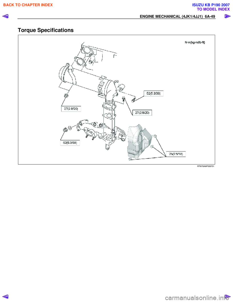 ISUZU KB P190 2007  Workshop Repair Manual ENGINE MECHANICAL (4JK1/4JJ1)  6A-49 
Torque Specifications 
   
 
   
RTW 76AMF000701 
 
 
BACK TO CHAPTER INDEX
TO MODEL INDEX
ISUZU KB P190 2007 