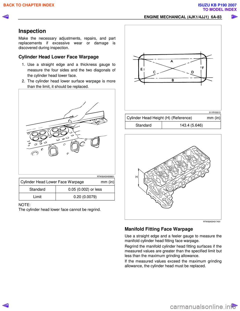 ISUZU KB P190 2007 Workshop Repair Manual ENGINE MECHANICAL (4JK1/4JJ1) 6A-83
Inspection
Make the necessary adjustments, repairs, and part
replacements if excessive wear or damage is
discovered during inspection.
Cylinder Head Lower Fa ISUZU KB P190 2007 Workshop Repair Manual ENGINE MECHANICAL (4JK1/4JJ1) 6A-83
Inspection
Make the necessary adjustments, repairs, and part
replacements if excessive wear or damage is
discovered during inspection.
Cylinder Head Lower Fa