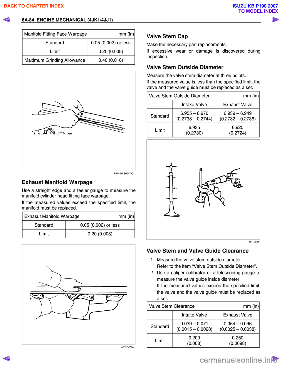 ISUZU KB P190 2007 Workshop Repair Manual 6A-84 ENGINE MECHANICAL (4JK1/4JJ1)
Manifold Fitting Face W arpage mm (in)
Standard 0.05 (0.002) or less
Limit 0.20 (0.008)
Maximum Grinding Allowance 0.40 (0.016)
RTW 5 ISUZU KB P190 2007 Workshop Repair Manual 6A-84 ENGINE MECHANICAL (4JK1/4JJ1)
Manifold Fitting Face W arpage mm (in)
Standard 0.05 (0.002) or less
Limit 0.20 (0.008)
Maximum Grinding Allowance 0.40 (0.016)
RTW 5