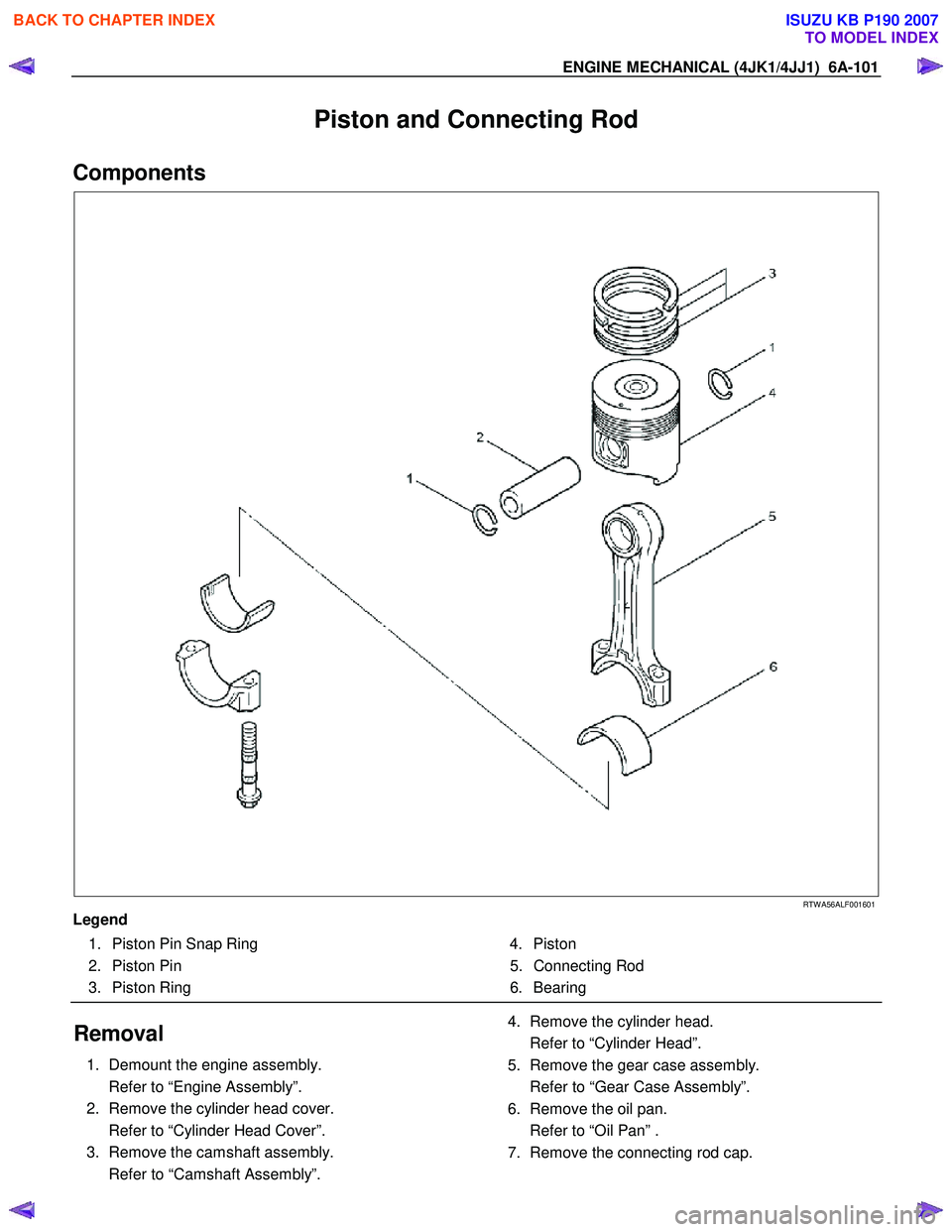 ISUZU KB P190 2007  Workshop Repair Manual ENGINE MECHANICAL (4JK1/4JJ1)  6A-101 
Piston and Connecting Rod 
Components 
   
 
 
 
 
 
RTW A56ALF001601 
Legend   1.  Piston Pin Snap Ring  
 2. Piston Pin 
 3. Piston Ring    4. Piston 
 5. Conn
