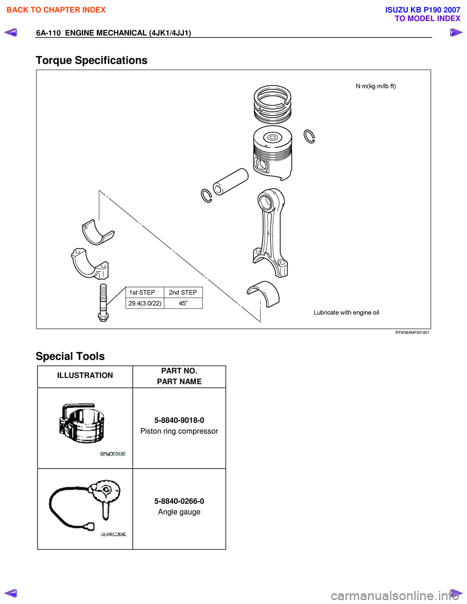 ISUZU KB P190 2007  Workshop Repair Manual 6A-110  ENGINE MECHANICAL (4JK1/4JJ1) 
Torque Specifications 
  
 
 
RTW 56AMF001801 
 
Special Tools  
ILLUSTRATION  PART NO. 
PART NAME   
   
 5-8840-9018-0 
Piston ring compressor    
 
 5-8840-02