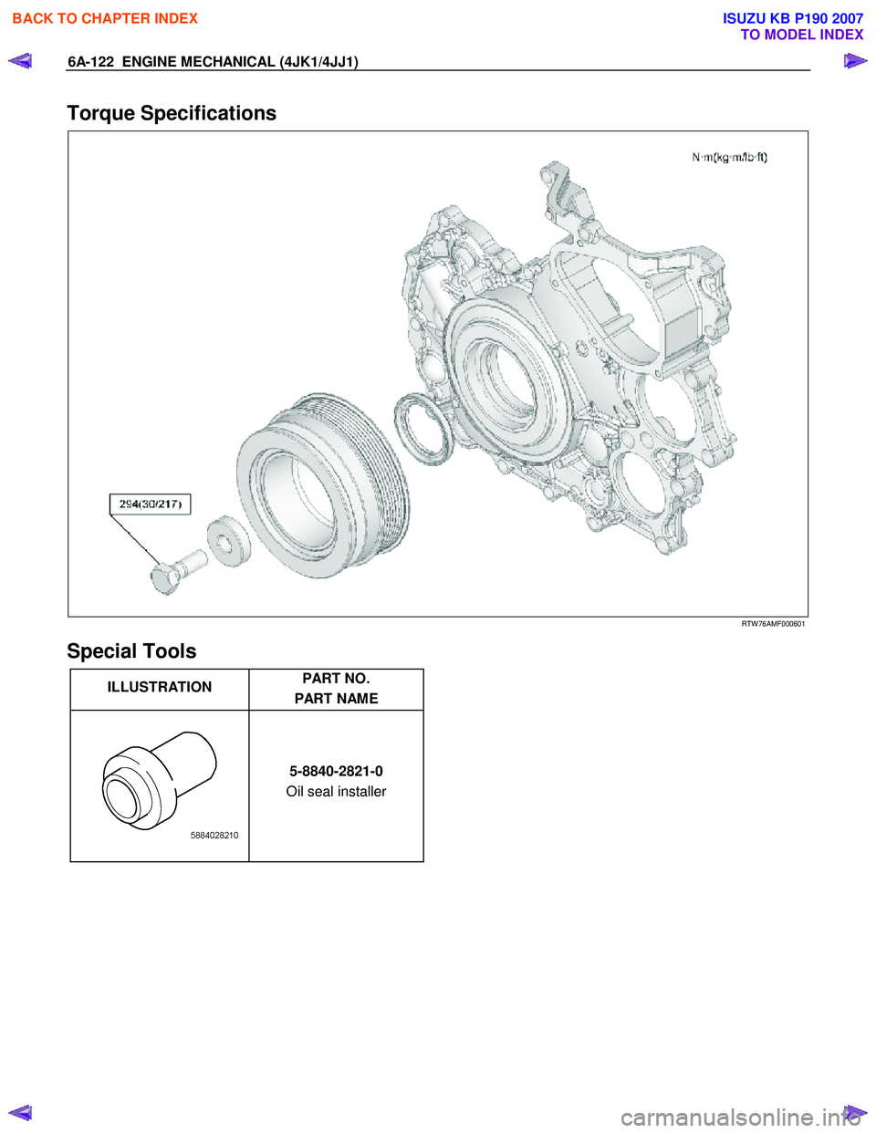 ISUZU KB P190 2007  Workshop Repair Manual 6A-122  ENGINE MECHANICAL (4JK1/4JJ1) 
Torque Specifications 
  
 
 
RTW 76AMF000601 
Special Tools  
ILLUSTRATION  PART NO. 
PART NAME   
   
 5-8840-2821-0 
Oil seal installer      
 
 
BACK TO CHAP