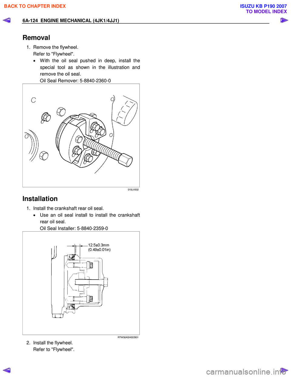 ISUZU KB P190 2007  Workshop Repair Manual 6A-124  ENGINE MECHANICAL (4JK1/4JJ1) 
Removal 
1.  Remove the flywheel.  
  Refer to "Flywheel".  •  W ith the oil seal pushed in deep, install the
special tool as shown in the illustration and
rem