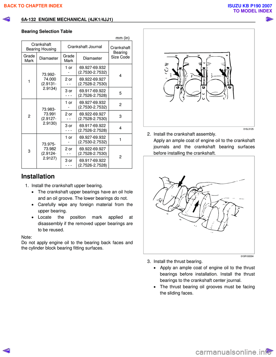 ISUZU KB P190 2007 Workshop Repair Manual 6A-132 ENGINE MECHANICAL (4JK1/4JJ1)
Bearing Selection Table
mm (in)
Crankshaft
Bearing Housing Crankshaft Journal
Grade
Mark Diamaeter
Grade
Mark Diamaeter Crankshaft
Bearing
Size C ISUZU KB P190 2007 Workshop Repair Manual 6A-132 ENGINE MECHANICAL (4JK1/4JJ1)
Bearing Selection Table
mm (in)
Crankshaft
Bearing Housing Crankshaft Journal
Grade
Mark Diamaeter
Grade
Mark Diamaeter Crankshaft
Bearing
Size C
