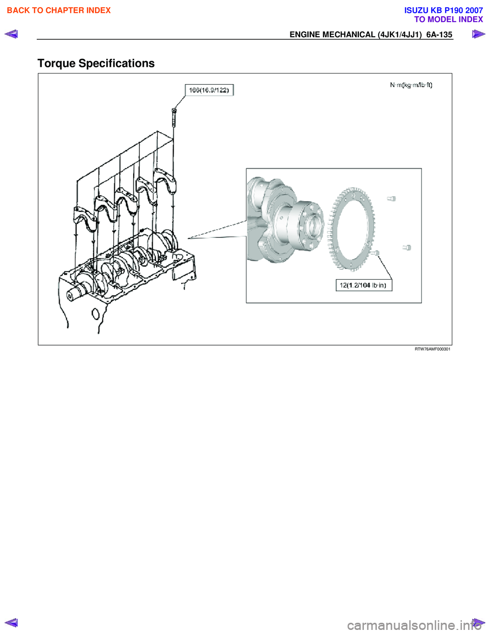ISUZU KB P190 2007  Workshop Repair Manual ENGINE MECHANICAL (4JK1/4JJ1)  6A-135 
Torque Specifications 
   
 
 
 
RTW 76AMF000301 
 
BACK TO CHAPTER INDEX
TO MODEL INDEX
ISUZU KB P190 2007 