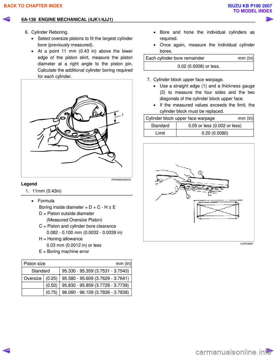 ISUZU KB P190 2007 Workshop Repair Manual 6A-138 ENGINE MECHANICAL (4JK1/4JJ1)
6. Cylinder Reboring.
• Select oversize pistons to fit the largest cylinde
r
bore (previously measured).
• At a point 11 mm (0.43 in) above the lowe
r
e ISUZU KB P190 2007 Workshop Repair Manual 6A-138 ENGINE MECHANICAL (4JK1/4JJ1)
6. Cylinder Reboring.
• Select oversize pistons to fit the largest cylinde
r
bore (previously measured).
• At a point 11 mm (0.43 in) above the lowe
r
e