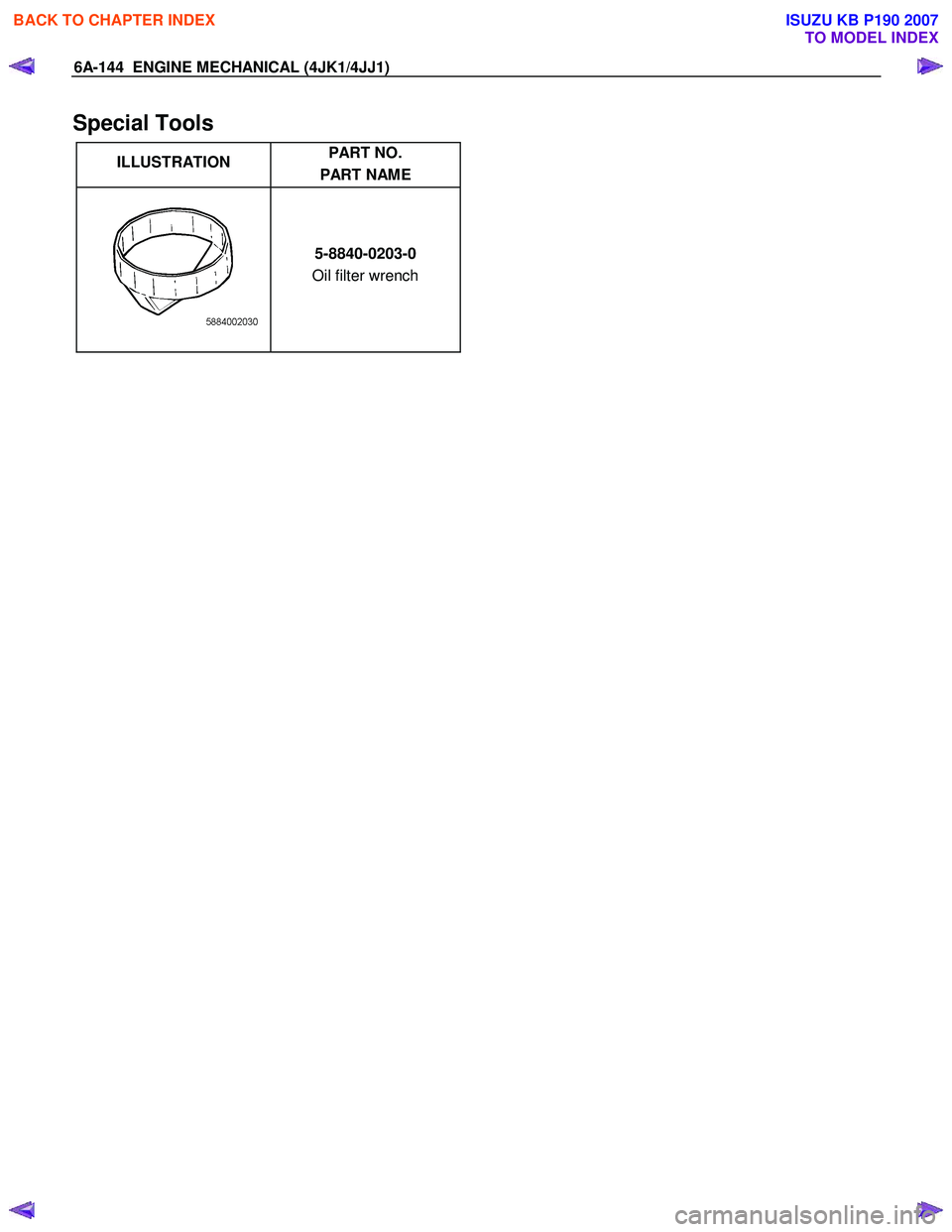 ISUZU KB P190 2007  Workshop Repair Manual 6A-144  ENGINE MECHANICAL (4JK1/4JJ1) 
Special Tools 
ILLUSTRATION  PART NO. 
PART NAME   
   
 5-8840-0203-0 
Oil filter wrench    
 
 
 
BACK TO CHAPTER INDEX
TO MODEL INDEX
ISUZU KB P190 2007 