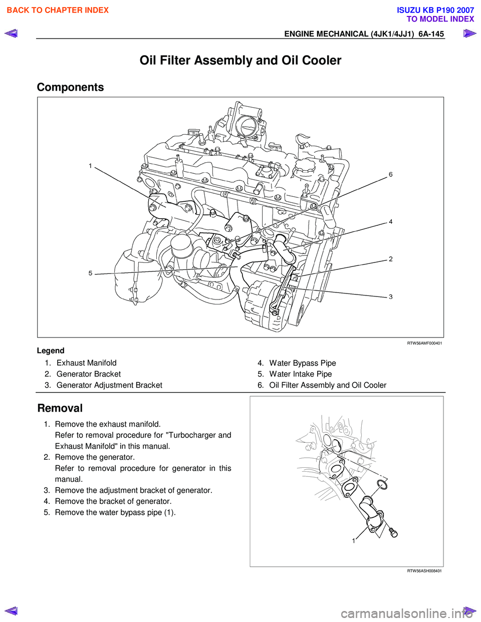 ISUZU KB P190 2007  Workshop Repair Manual ENGINE MECHANICAL (4JK1/4JJ1)  6A-145 
Oil Filter Assembly and Oil Cooler 
Components 
  
 
 
RTW 56AMF000401 
Legend 
 1. Exhaust Manifold  
 2. Generator Bracket 
  3.  Generator Adjustment Bracket 