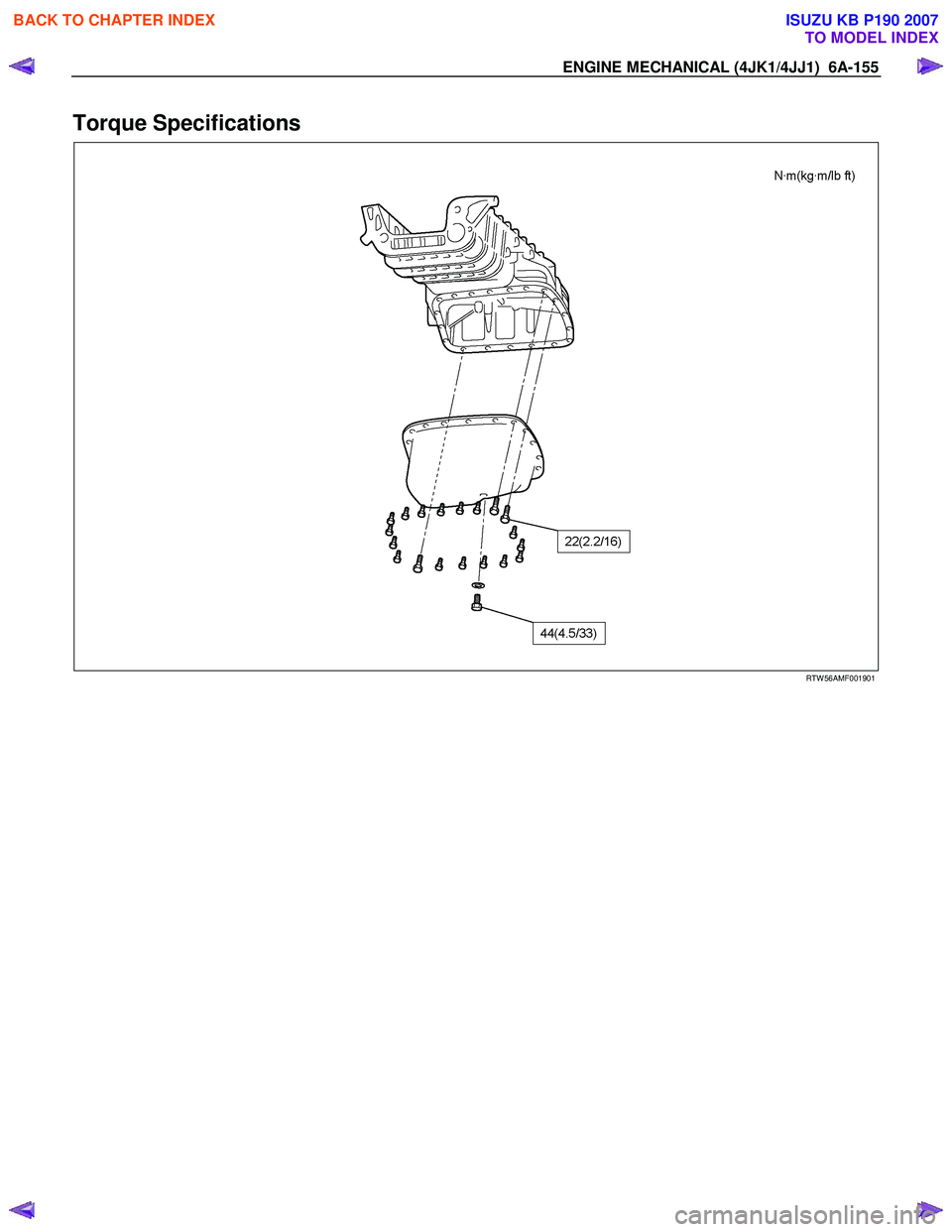 ISUZU KB P190 2007  Workshop Repair Manual ENGINE MECHANICAL (4JK1/4JJ1)  6A-155 
Torque Specifications 
  
 
 
RTW 56AMF001901 
  
 
 
BACK TO CHAPTER INDEX
TO MODEL INDEX
ISUZU KB P190 2007 