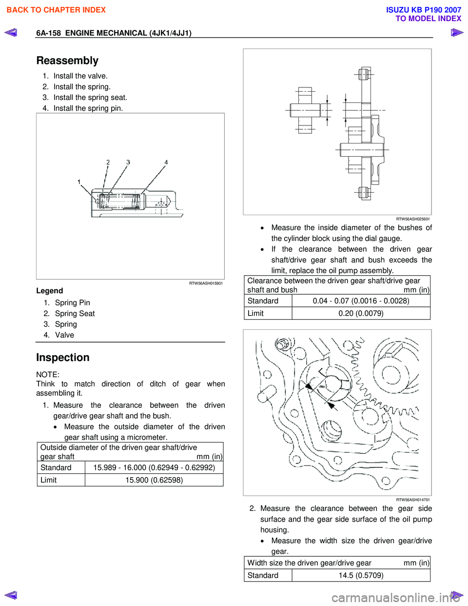 ISUZU KB P190 2007  Workshop Repair Manual 6A-158  ENGINE MECHANICAL (4JK1/4JJ1) 
Reassembly 
1.  Install the valve.   
2.  Install the spring. 
3.  Install the spring seat. 
4.  Install the spring pin. 
 
  
 
 
 
 
 
RTW 56ASH015901
Legend  