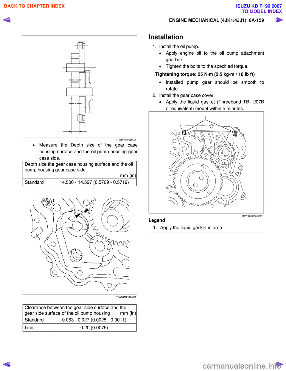 ISUZU KB P190 2007  Workshop Repair Manual ENGINE MECHANICAL (4JK1/4JJ1)  6A-159 
  
 
 
 
RTW 56ASH025501
•   Measure the Depth size of the gear case
housing surface and the oil pump housing gea
r
case side. 
  Depth size the gear case hous