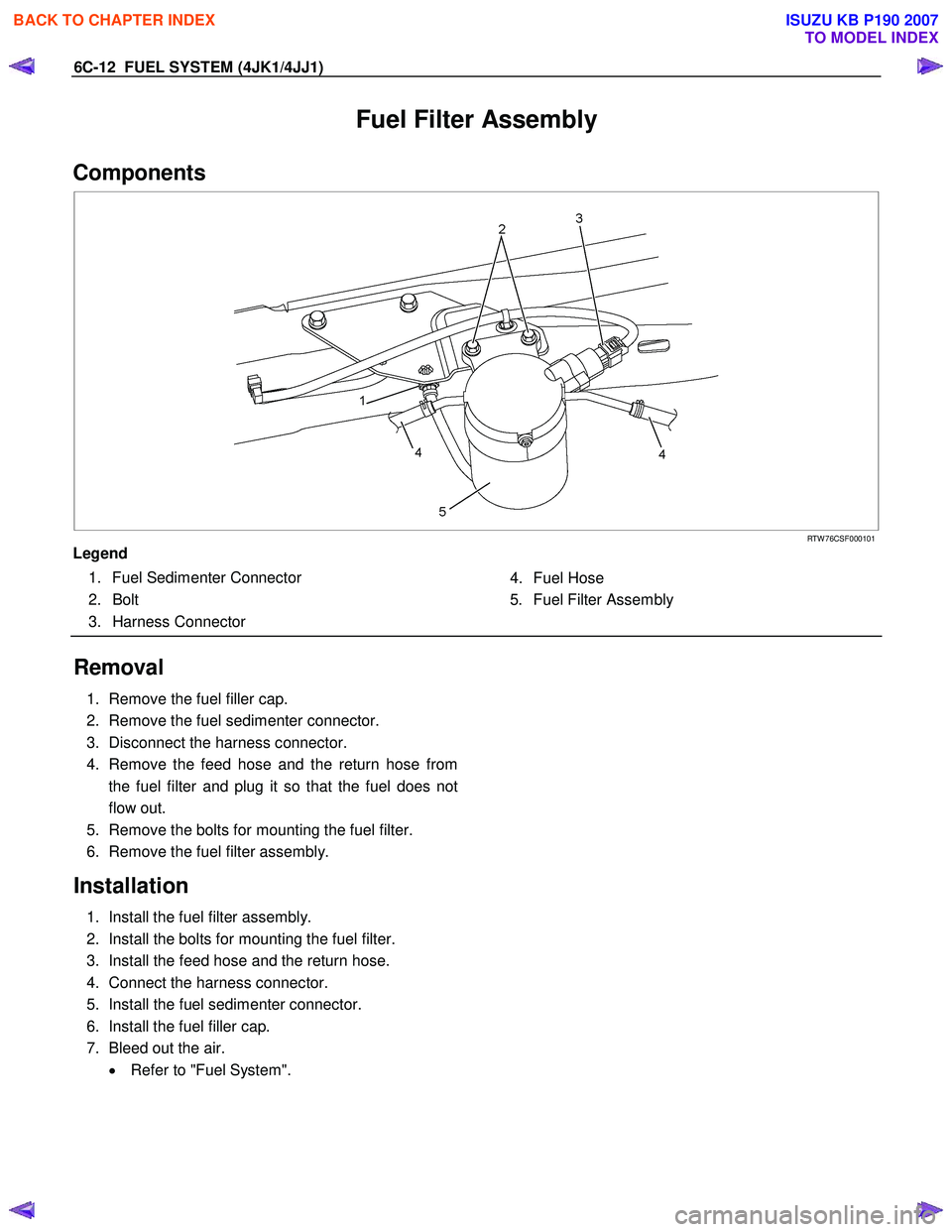 ISUZU KB P190 2007  Workshop Repair Manual 6C-12  FUEL SYSTEM (4JK1/4JJ1) 
Fuel Filter Assembly 
Components 
   
 
 
 
 
   
RTW 76CSF000101 
Legend 
  1.  Fuel Sedimenter Connector  2.  Bolt  
3.     Harness Connector   
 4. Fuel Hose  
  5. 
