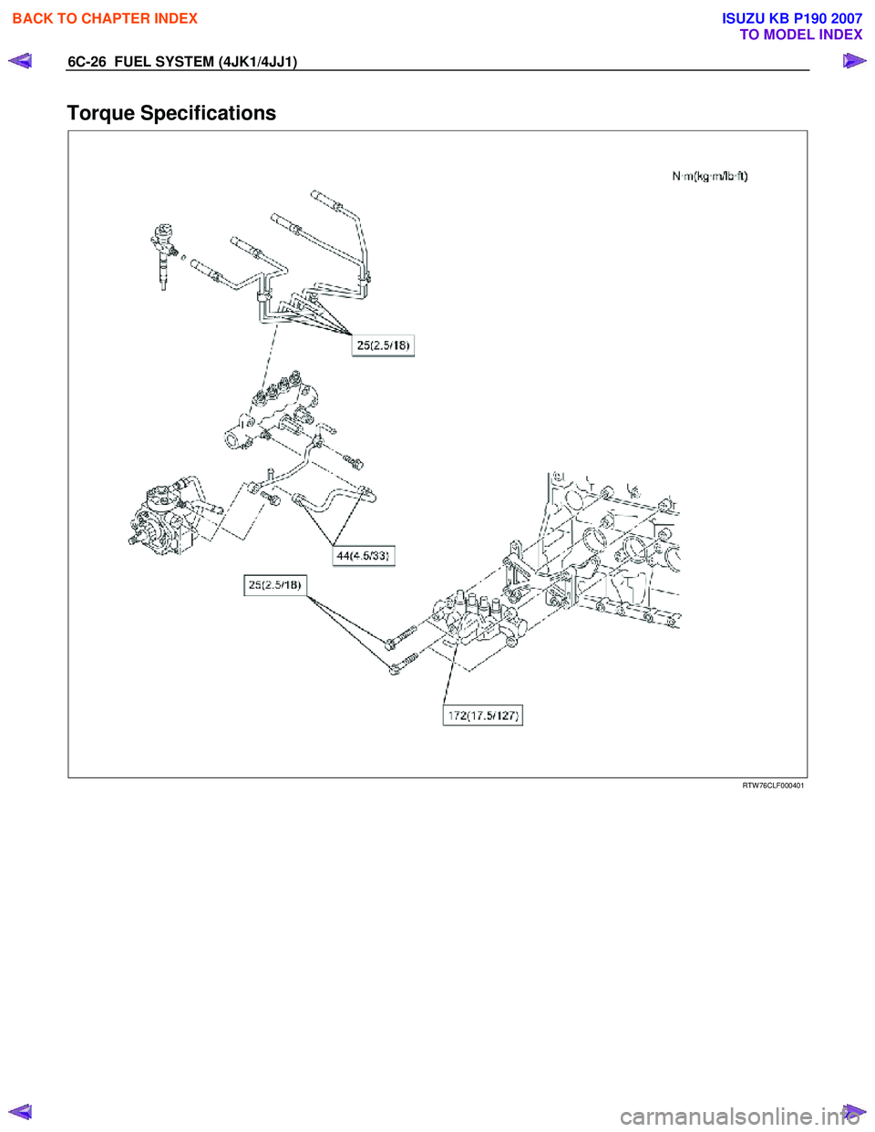 ISUZU KB P190 2007  Workshop Repair Manual 6C-26  FUEL SYSTEM (4JK1/4JJ1) 
Torque Specifications 
   
 
  
 
 
 
RTW 76CLF000401 
  
 
 
BACK TO CHAPTER INDEX
TO MODEL INDEX
ISUZU KB P190 2007 