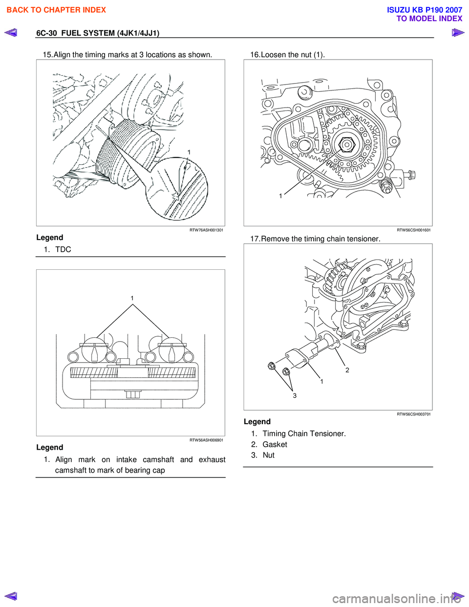 ISUZU KB P190 2007  Workshop Repair Manual 6C-30  FUEL SYSTEM (4JK1/4JJ1) 
15. Align the timing marks at 3 locations as shown. 
   
 
 
 
RTW 76ASH001301
Legend  
 1. TDC  
 
  
 
  
 
 
RTW 56ASH006901
Legend  
 1. 
Align mark on intake camsh