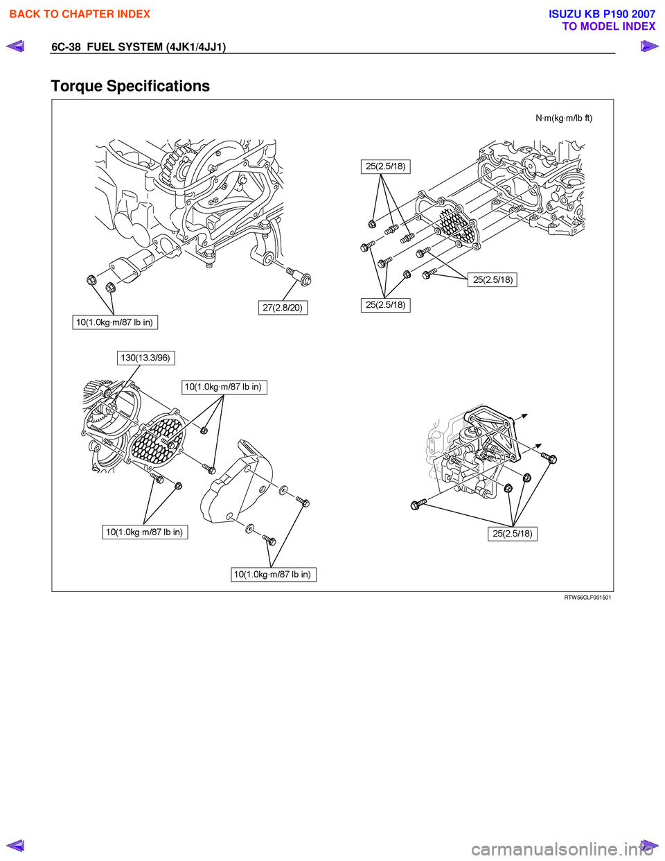 ISUZU KB P190 2007  Workshop Repair Manual 6C-38  FUEL SYSTEM (4JK1/4JJ1) 
Torque Specifications 
   
 
 
RTW 56CLF001501 
 
 
BACK TO CHAPTER INDEX
TO MODEL INDEX
ISUZU KB P190 2007 