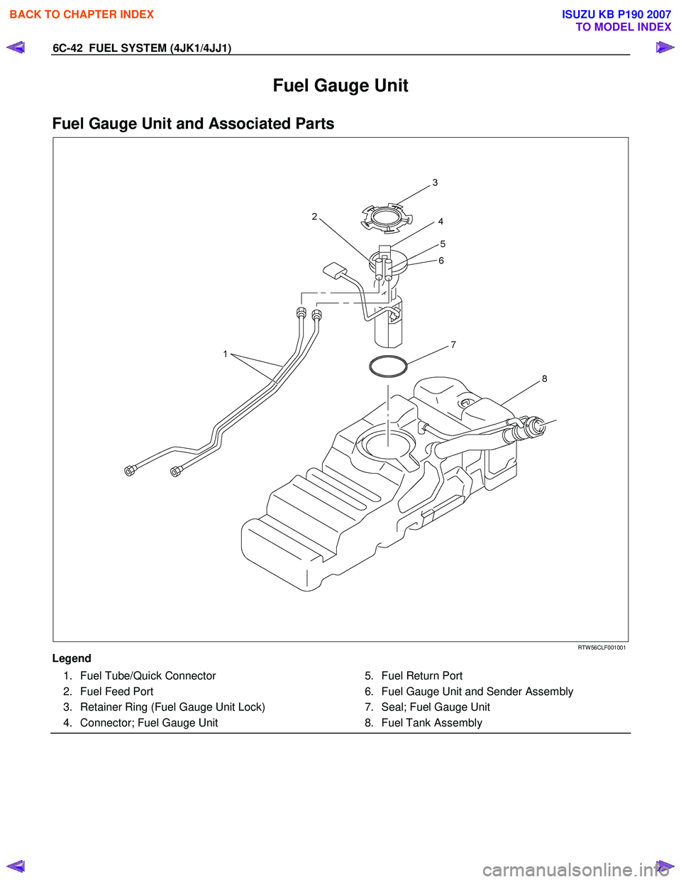 ISUZU KB P190 2007  Workshop Repair Manual 6C-42  FUEL SYSTEM (4JK1/4JJ1) 
Fuel Gauge Unit 
Fuel Gauge Unit and Associated Parts 
   
 
 
 
 
 
RTW 56CLF001001 
Legend   1.  Fuel Tube/Quick Connector  
  2.  Fuel Feed Port 
  3.  Retainer Ring