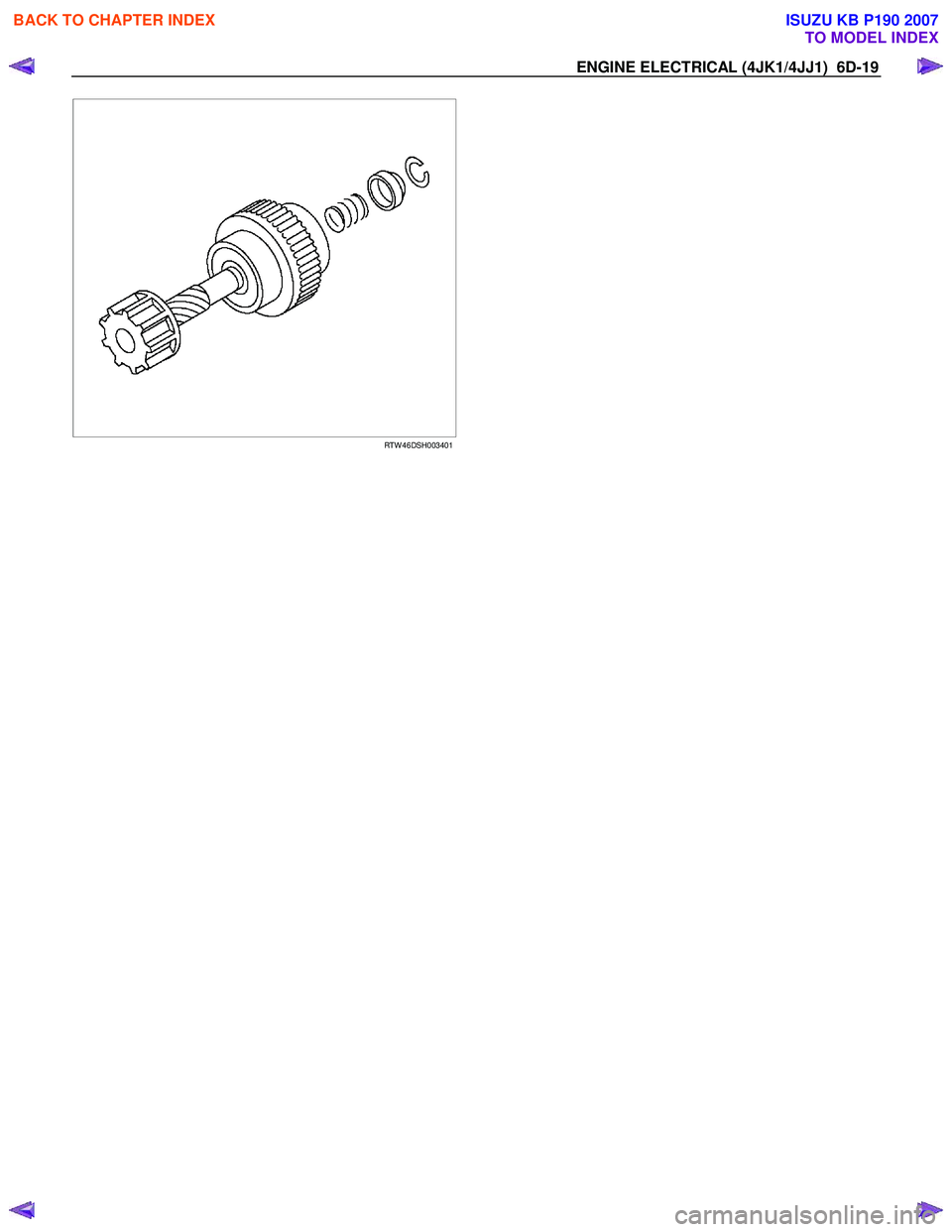 ISUZU KB P190 2007  Workshop Repair Manual ENGINE ELECTRICAL (4JK1/4JJ1)  6D-19 
   
  
 
 
 
 
 
RTW 46DSH003401
 
   
 
BACK TO CHAPTER INDEX
TO MODEL INDEX
ISUZU KB P190 2007 