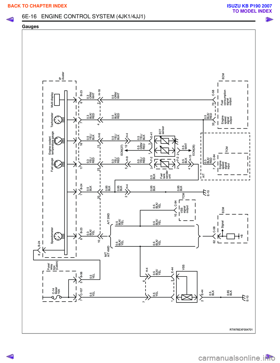 ISUZU KB P190 2007 Workshop Repair Manual 6E-16 ENGINE CONTROL SYSTEM (4JK1/4JJ1)
Gauges
RTW76EXF004701
Fuel
consumption
signal
output
11 676
8
7 5 B-56
C-107 8 B-24
17
0.3
BLK/
YEL
0.5
YEL
0.5
YEL
0.5
YEL
0.5
BLK
0.85
BLK 6
7 0. ISUZU KB P190 2007 Workshop Repair Manual 6E-16 ENGINE CONTROL SYSTEM (4JK1/4JJ1)
Gauges
RTW76EXF004701
Fuel
consumption
signal
output
11 676
8
7 5 B-56
C-107 8 B-24
17
0.3
BLK/
YEL
0.5
YEL
0.5
YEL
0.5
YEL
0.5
BLK
0.85
BLK 6
7 0.