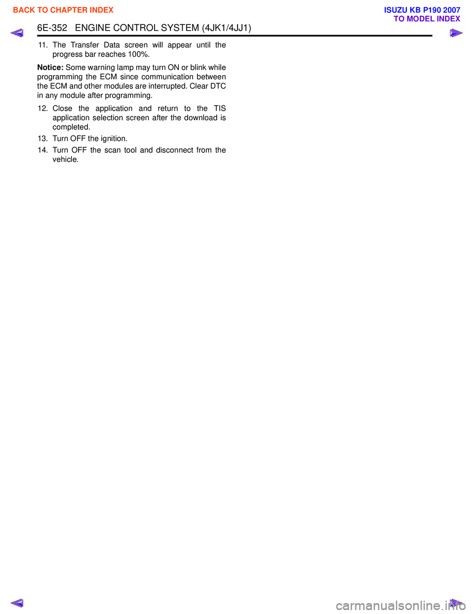 ISUZU KB P190 2007  Workshop Repair Manual 6E-352   ENGINE CONTROL SYSTEM (4JK1/4JJ1)
11. The Transfer Data screen will appear until theprogress bar reaches 100%.
Notice: Some warning lamp may turn ON or blink while
programming the ECM since c
