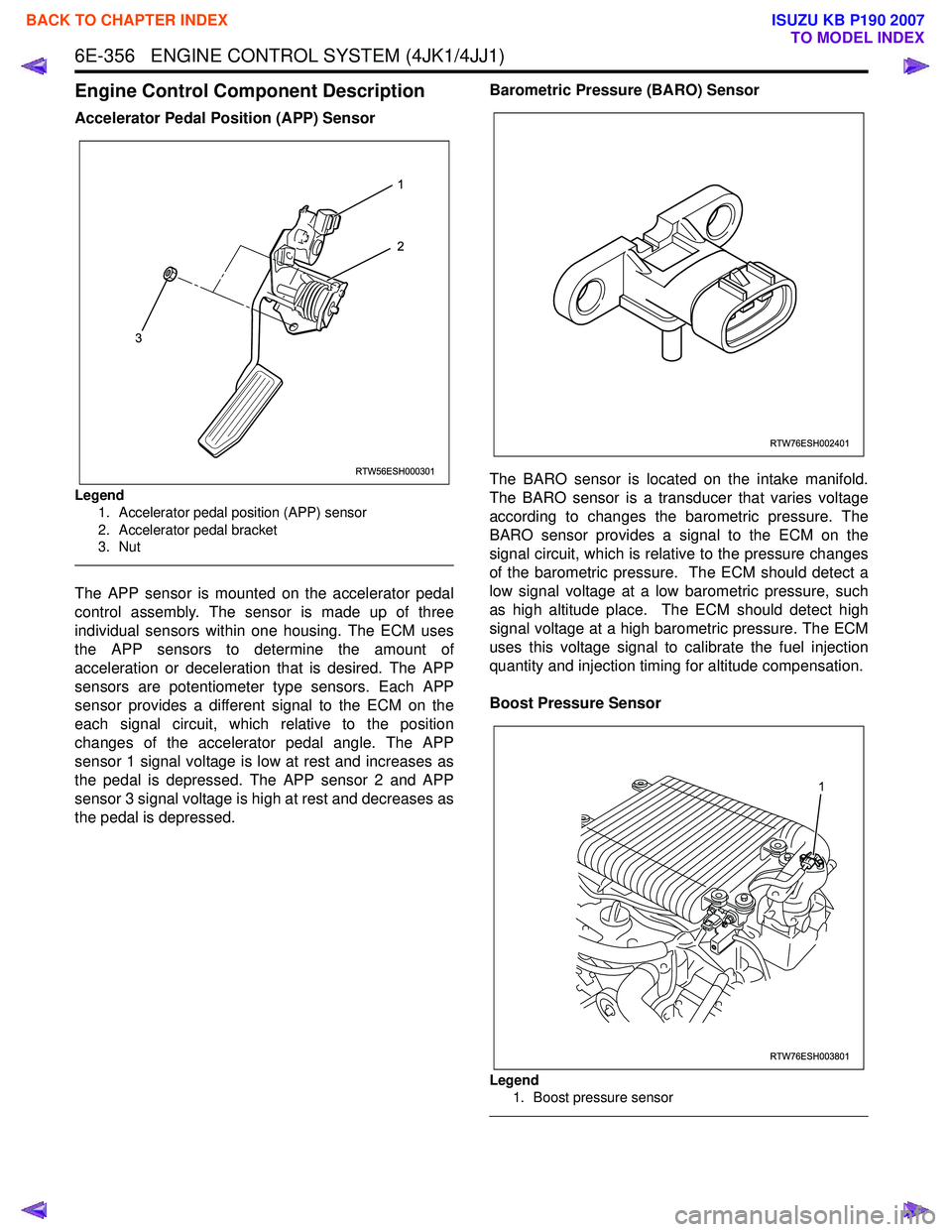 ISUZU KB P190 2007  Workshop Repair Manual 6E-356   ENGINE CONTROL SYSTEM (4JK1/4JJ1)
Engine Control Component Description
Accelerator Pedal Position (APP) Sensor
Legend1. Accelerator pedal position (APP) sensor 
2. Accelerator pedal bracket 
