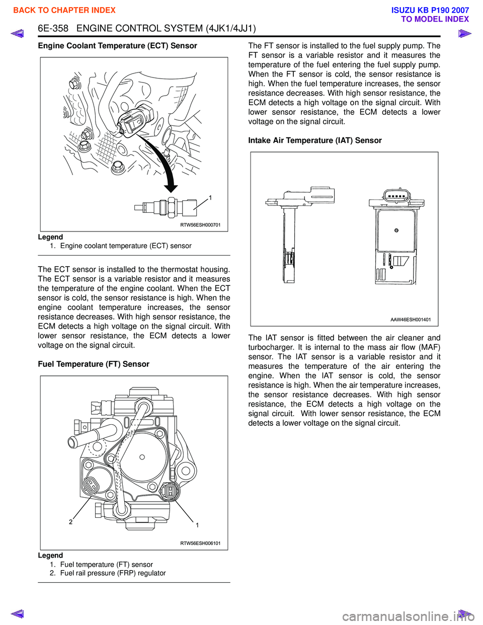 ISUZU KB P190 2007  Workshop Repair Manual 6E-358   ENGINE CONTROL SYSTEM (4JK1/4JJ1)
Engine Coolant Temperature (ECT) Sensor
Legend1. Engine coolant temperature (ECT) sensor
 
The ECT sensor is installed to the thermostat housing. 
The ECT se