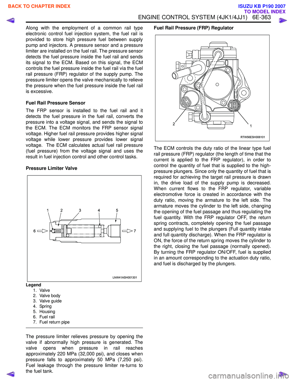 ISUZU KB P190 2007  Workshop Repair Manual ENGINE CONTROL SYSTEM (4JK1/4JJ1)   6E-363
Along with the employment of a common rail type 
electronic control fuel injection system, the fuel rail is
provided to store high pressure fuel between supp