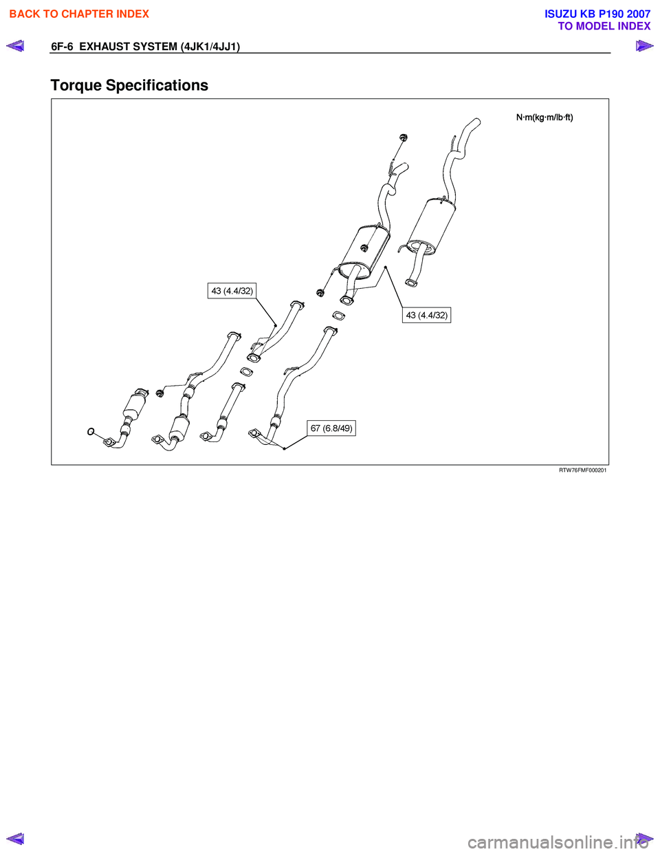 ISUZU KB P190 2007  Workshop Repair Manual 6F-6  EXHAUST SYSTEM (4JK1/4JJ1) 
Torque Specifications 
   
 
 
 
RTW 76FMF000201 
 
 
BACK TO CHAPTER INDEX
TO MODEL INDEX
ISUZU KB P190 2007 