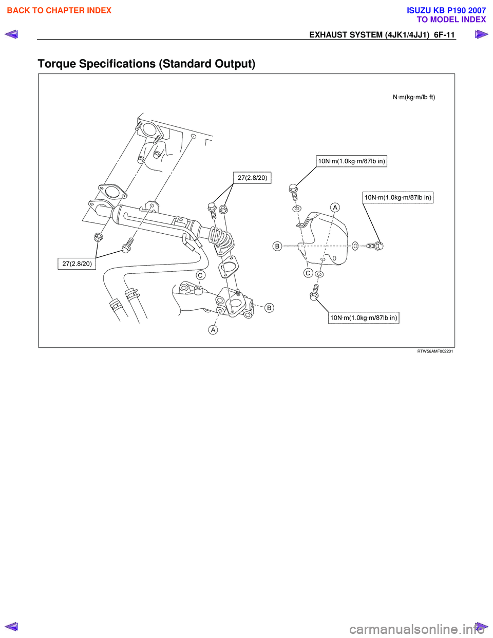 ISUZU KB P190 2007  Workshop Repair Manual EXHAUST SYSTEM (4JK1/4JJ1)  6F-11 
Torque Specifications (Standard Output) 
   
 
 
 
RTW 56AMF002201 
 
BACK TO CHAPTER INDEX
TO MODEL INDEX
ISUZU KB P190 2007 