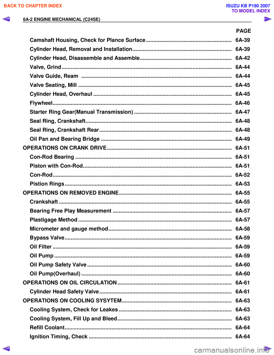 ISUZU KB P190 2007  Workshop Repair Manual 6A-2 ENGINE MECHANICAL (C24SE) 
PAGE 
Camshaft Housing, Check for Plance Surface .........................................................   6A-39  
Cylinder Head, Removal and Installation............