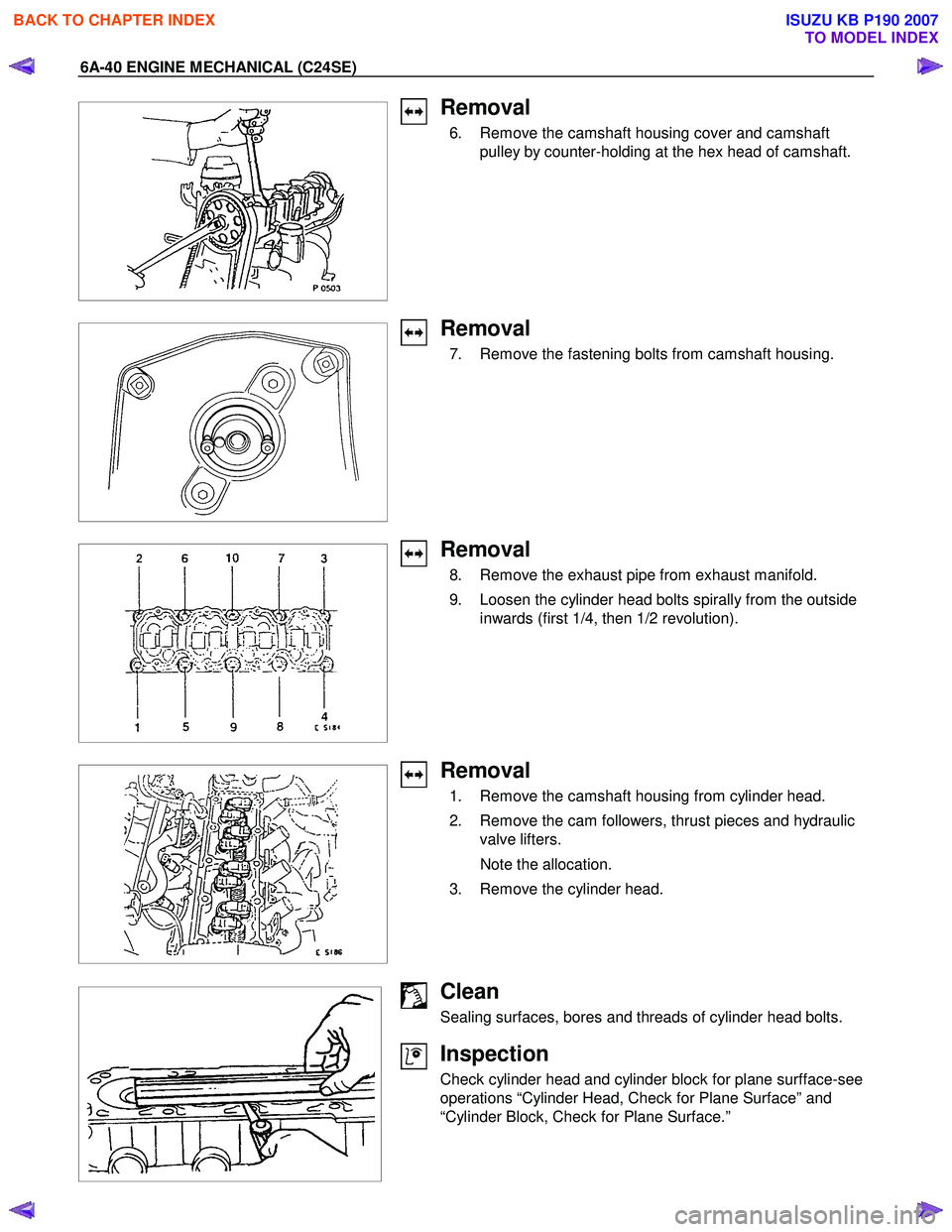 ISUZU KB P190 2007  Workshop Repair Manual 6A-40 ENGINE MECHANICAL (C24SE) 
 
 
 
 
Removal 
  6.  Remove the camshaft housing cover and camshaft  pulley by counter-holding at the hex head of camshaft. 
 
 
  
 
Removal 
  7.  Remove the faste