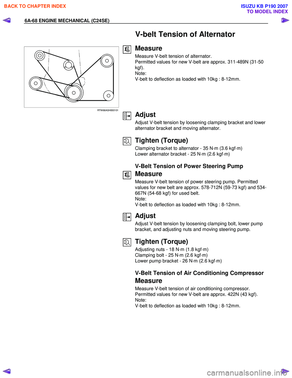 ISUZU KB P190 2007  Workshop Repair Manual 6A-68 ENGINE MECHANICAL (C24SE) 
V-belt Tension of Alternator 
  
 
 
RTW 66ASH000101 
Measure 
Measure V-belt tension of alternator.  
Permitted values for new V-belt are approx. 311-489N (31-50 
kgf