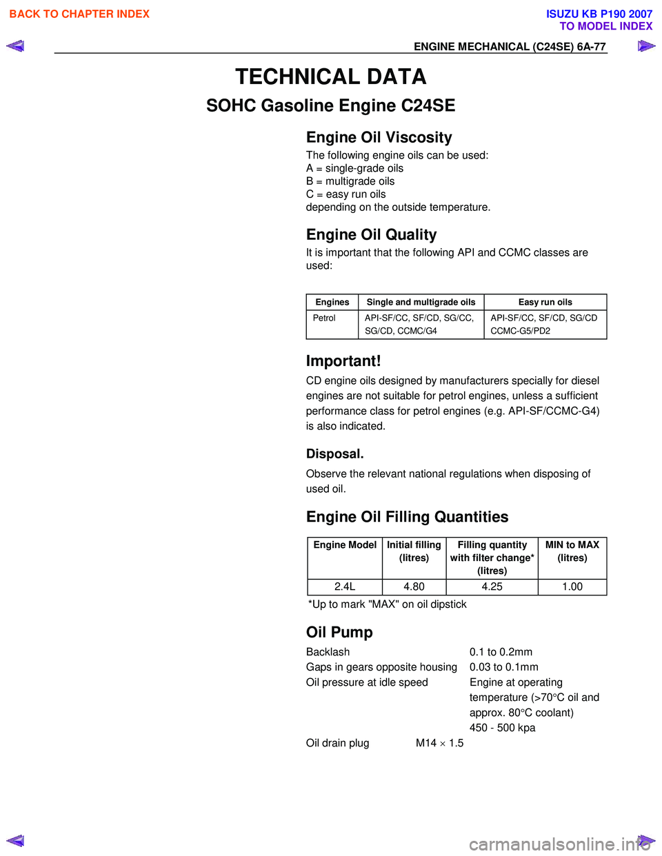 ISUZU KB P190 2007  Workshop Repair Manual ENGINE MECHANICAL (C24SE) 6A-77 
TECHNICAL DATA 
SOHC Gasoline Engine C24SE 
   
 Engine Oil Viscosity 
The following engine oils can be used: 
A = single-grade oils 
B = multigrade oils 
C = easy run