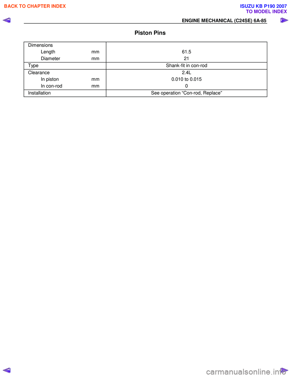ISUZU KB P190 2007  Workshop Repair Manual ENGINE MECHANICAL (C24SE) 6A-85 
  Piston Pins 
 Dimensions 
Length mm  
Diameter mm   
61.5 21 
Type  Shank-fit in con-rod 
Clearance 
In piston  mm 
In con-rod  mm  2.4L 
0.010 to 0.015  0 
Installa