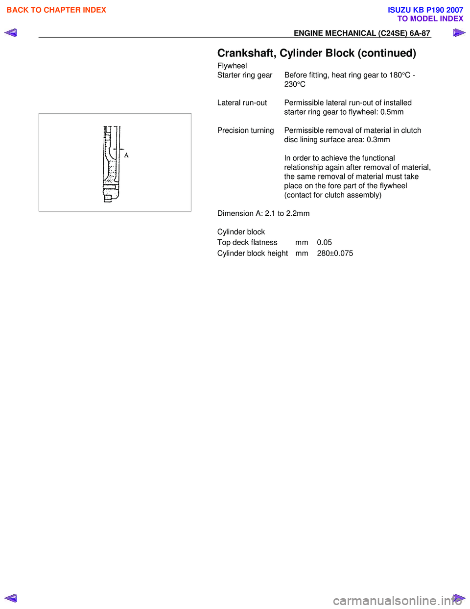 ISUZU KB P190 2007  Workshop Repair Manual ENGINE MECHANICAL (C24SE) 6A-87 
  
 
 
 
 
 
  Crankshaft, Cylinder Block (continued) 
Flywheel 
Starter ring gear  Before fitting, heat ring gear to 180 °C - 
230 °C 
  
Lateral run-out  Permissib